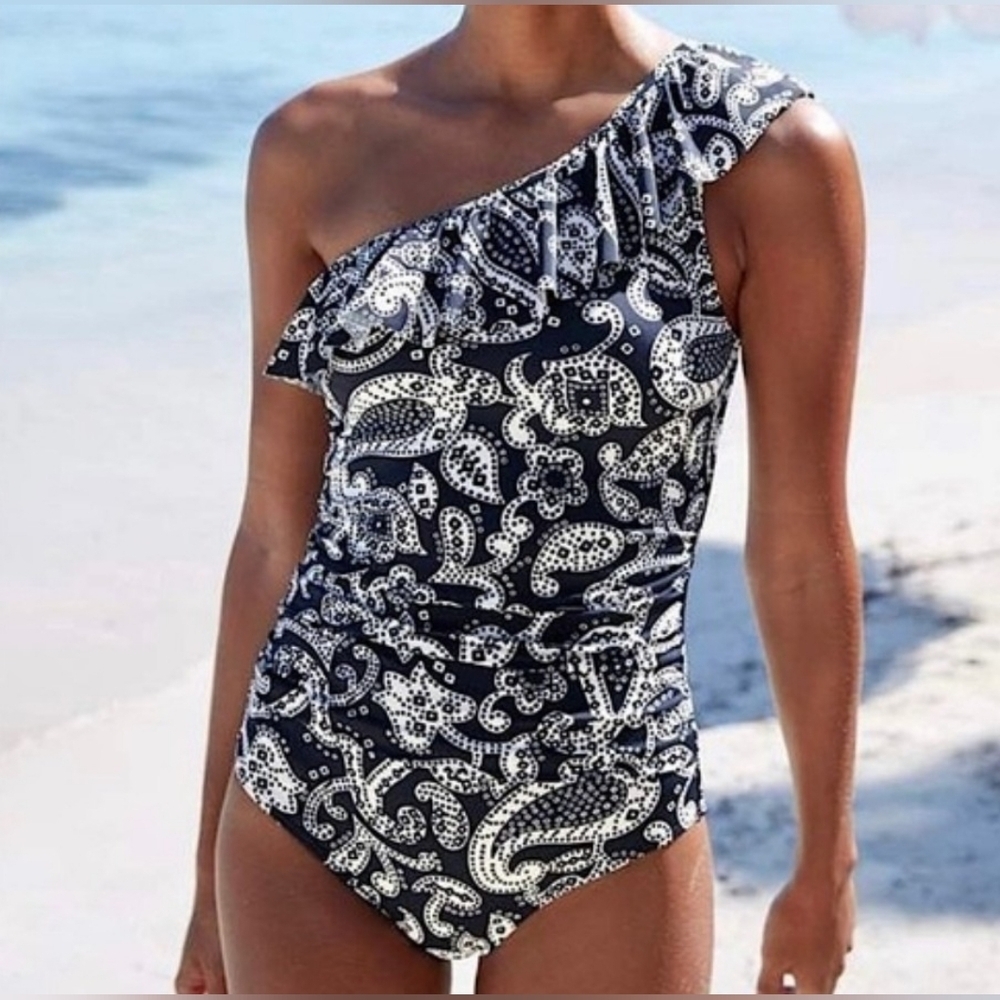 Boden NWT Frill One Shoulder One Piece Swimsuit Size 6.